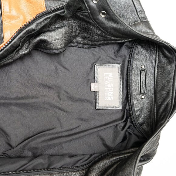 Wilsons Leather Moto Racer Jacket Black Orange Harley Stripe Insulated L - Picture 5 of 5